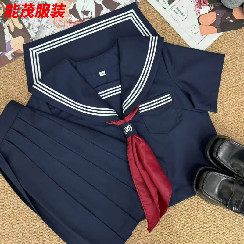 萱眸日系JK制服正统水手服基础款绀三本上衣新品萌妹中间服套装女 绀三本短/袖+裙子+红/领巾 S