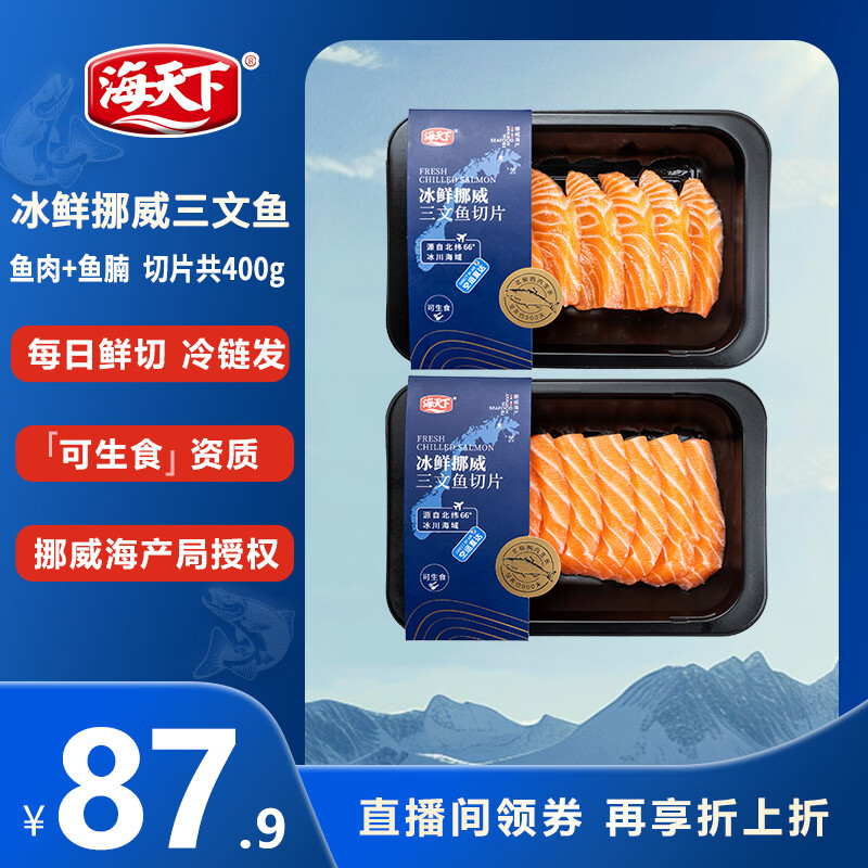 海天下冰鲜挪威三文鱼刺身 鱼腩双拼切片 净重400g【生食资质】源头直发