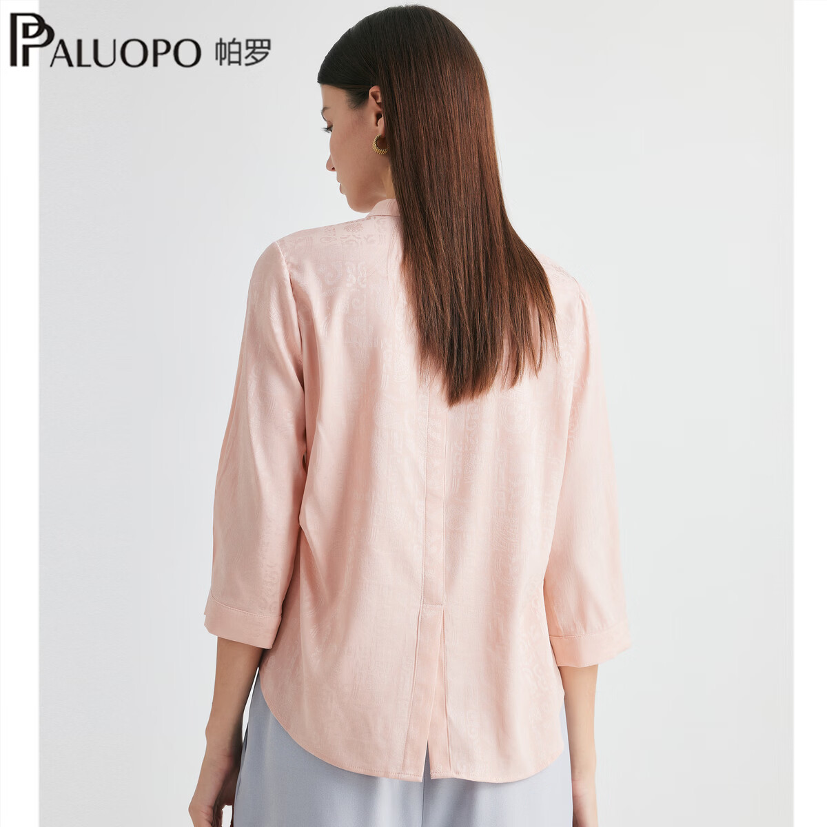 帕罗(PALUOPO)新中式国风短袖T恤女2026夏季新款真丝提花缎面透气休闲上衣 浅粉 XL 170/92A