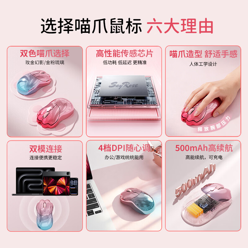 SayRose元气喵爪无线鼠标笔记本电竞电脑办公女生充电款蓝牙鼠标 金粉琉璃