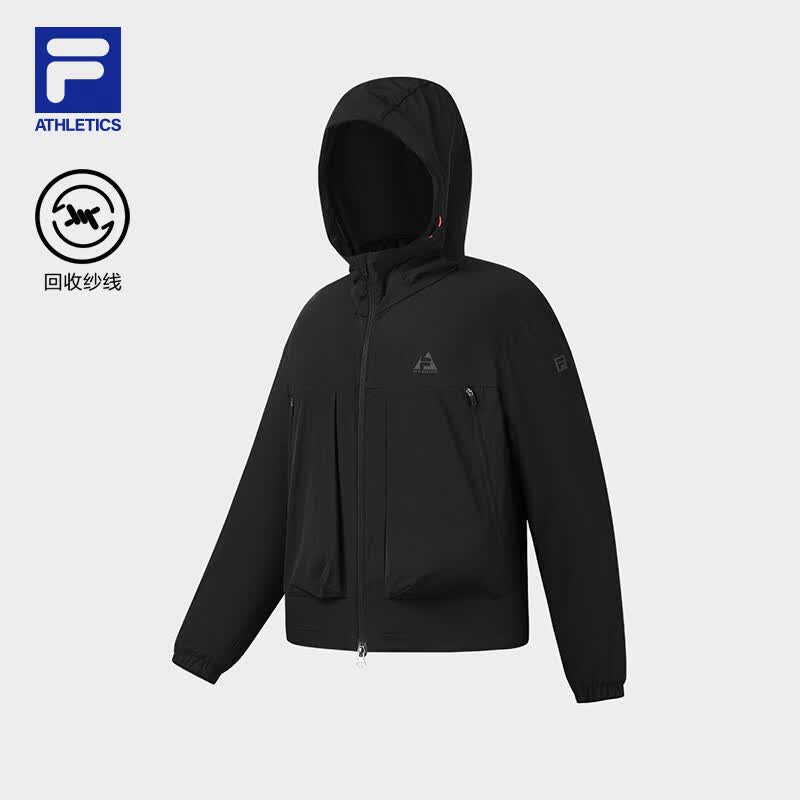 FILA 斐乐孙千同款女士梭织外套2026夏新款户外运动简约宽松连帽上衣 深黑-BK L 170/88A/L