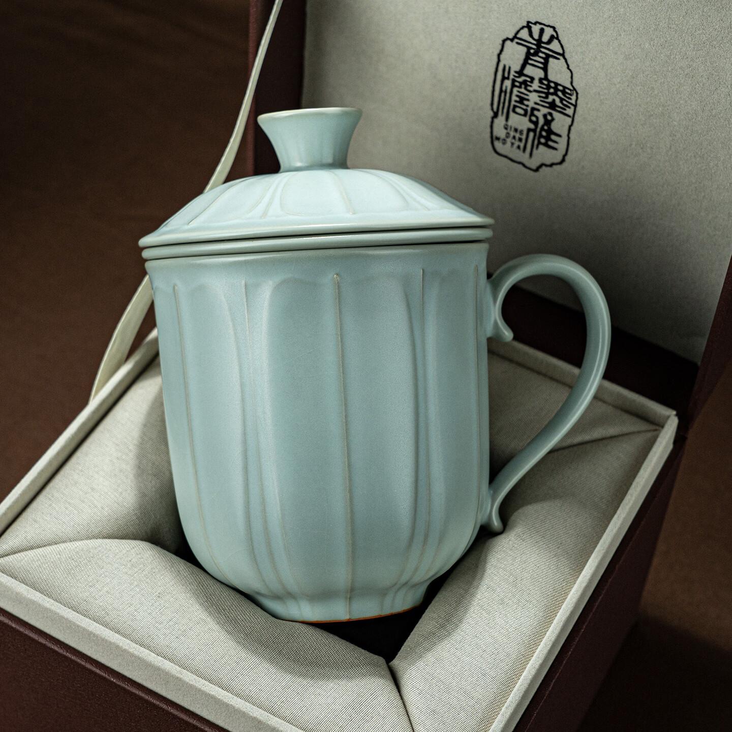 青澹墨雅汝窑茶杯茶具景德镇办公室家用泡茶高档水杯可养纯手工复古汝瓷杯 莲纹办公杯390ml