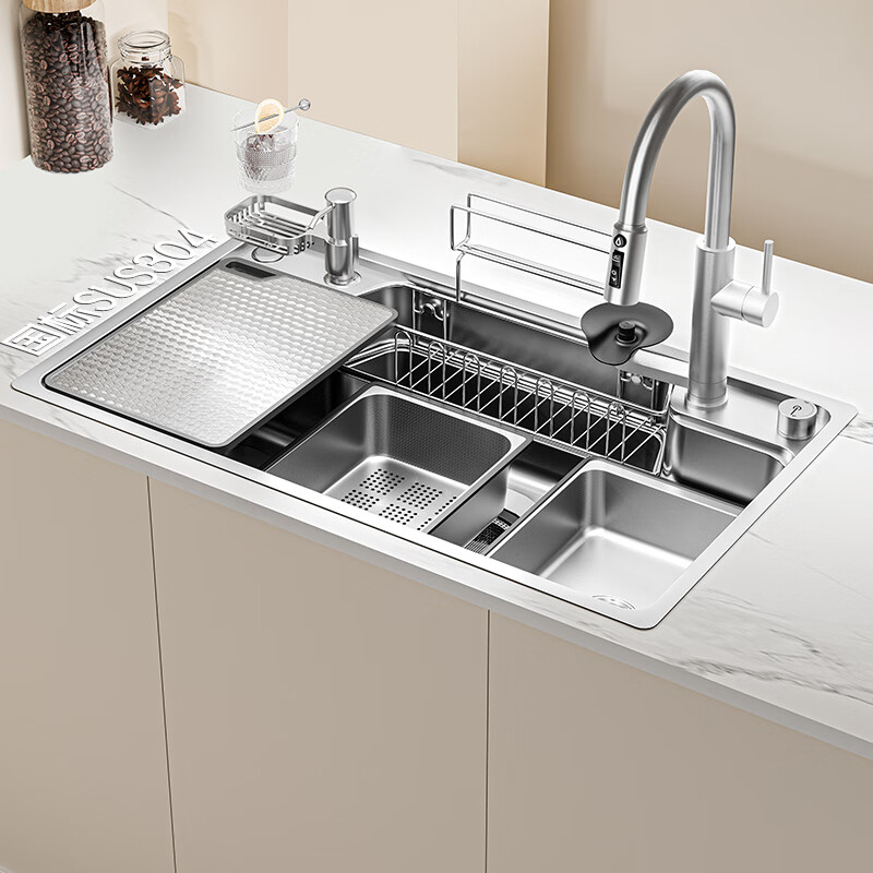 NOEO厨房洗菜盆一体盆304不锈钢厨房多功能洗碗水池加厚4mm水槽大单槽 【国标SUS304不锈钢】68x48：标准版全套