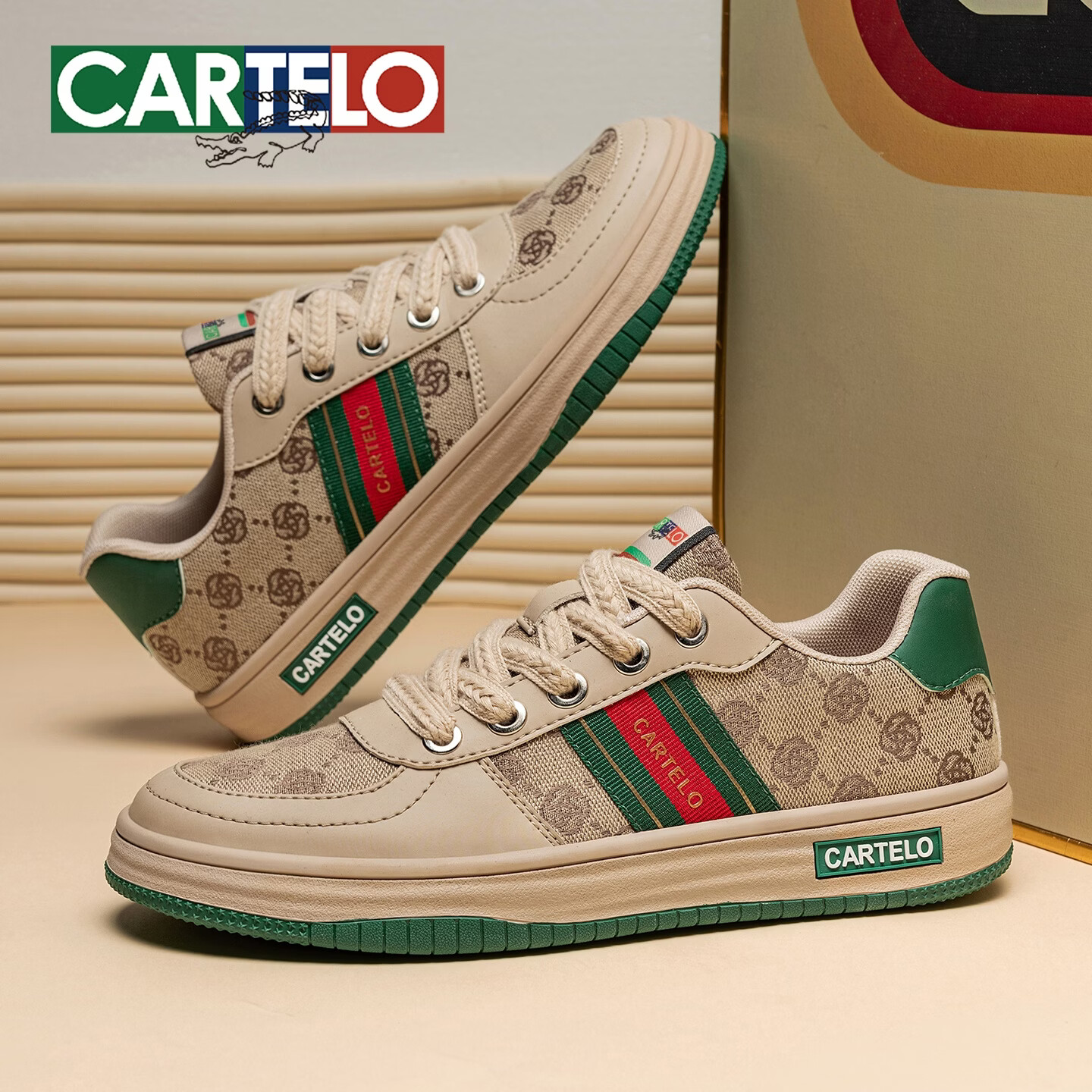 卡帝乐鳄鱼(CARTELO)复古男鞋新款透气运动休闲鞋户外男士板鞋百搭轻奢学生帆布鞋子男 米绿色 44 (270mm) 标准运动鞋尺码