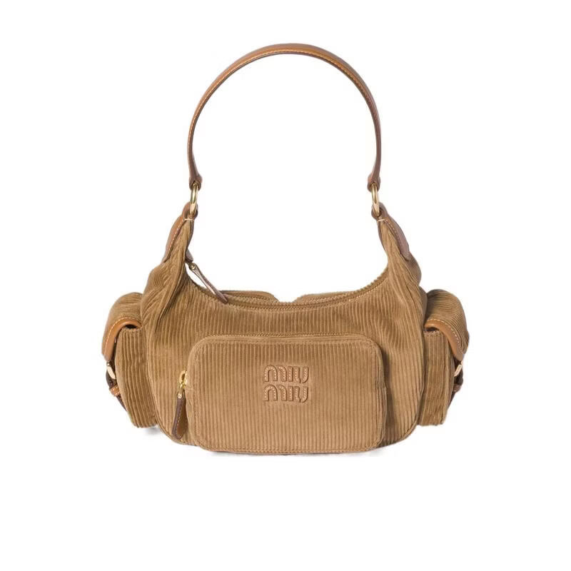 繆繆(MiuMiu)女士單肩包多口袋帶扣側(cè)蓋正面拉鏈袋背面拉鏈袋燈芯絨送女友 棕色 均碼