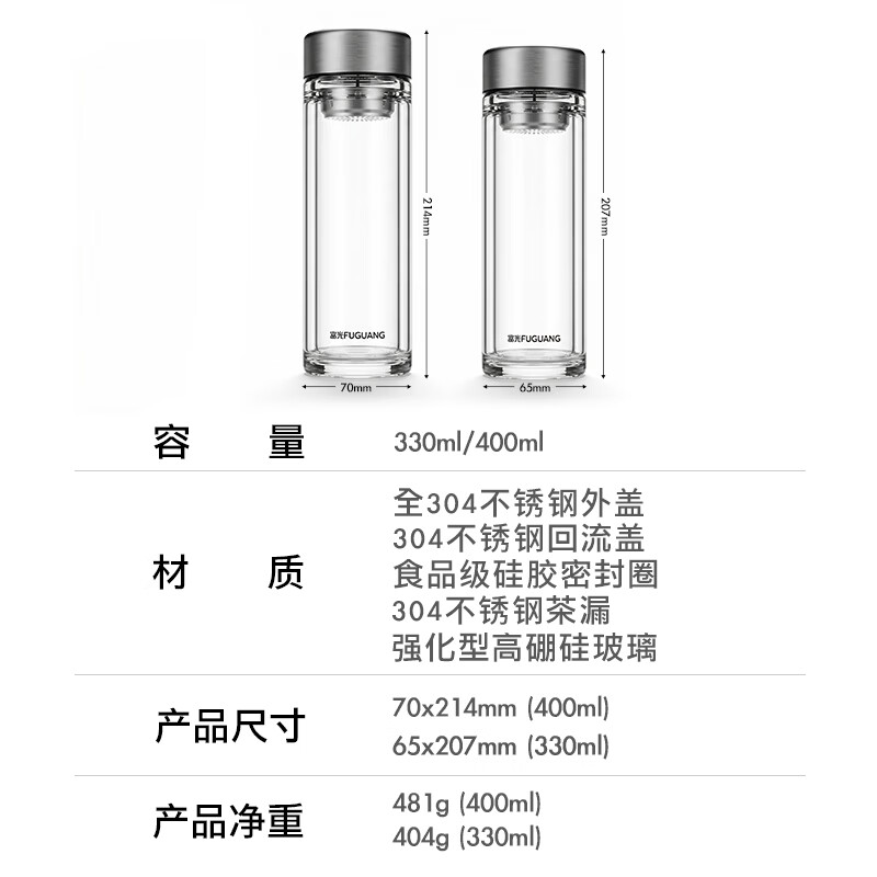富光玻璃杯双层高硼硅加厚水杯男女家用保温杯泡茶水杯茶水分离泡茶杯 双层加厚恒温防烫 330ML