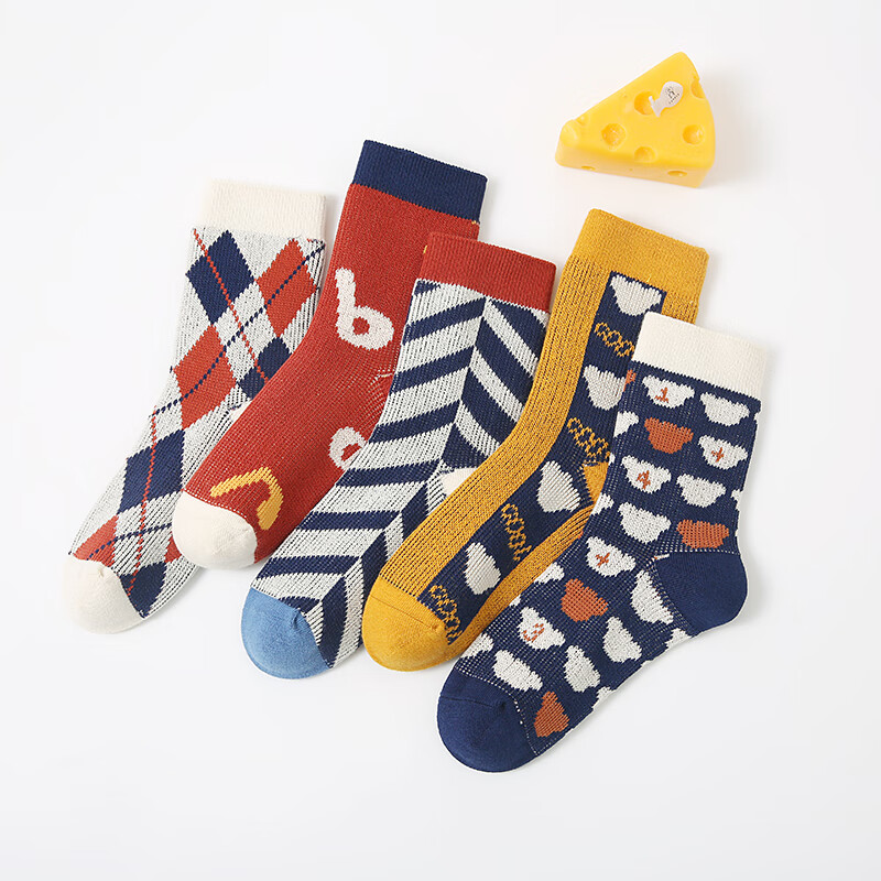 六指鼠男童女童袜子儿童中筒袜男孩大童秋冬季厚棉童袜潮时尚彩条春秋 880双针彩色 5双 均码 建议7-16周岁(鞋33-36码/袜标10-15岁）