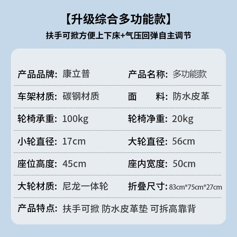 康立普（CANLIPE）轮椅瘫痪老人骨折抬腿可躺可洗澡大小便送父母轻便折叠专用代步车 【升级综合多功能款】扶手可掀+气压回弹自主调节