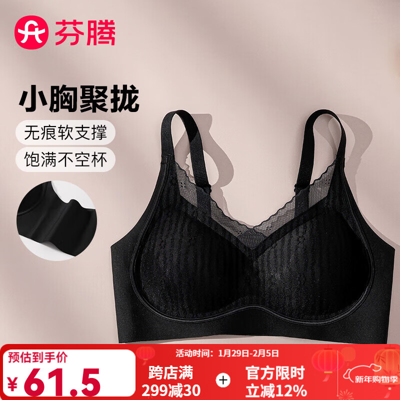 芬腾无钢圈文胸罩内衣女【小胸聚拢半固定杯】性感蕾丝无痕收副乳 黑色 XL