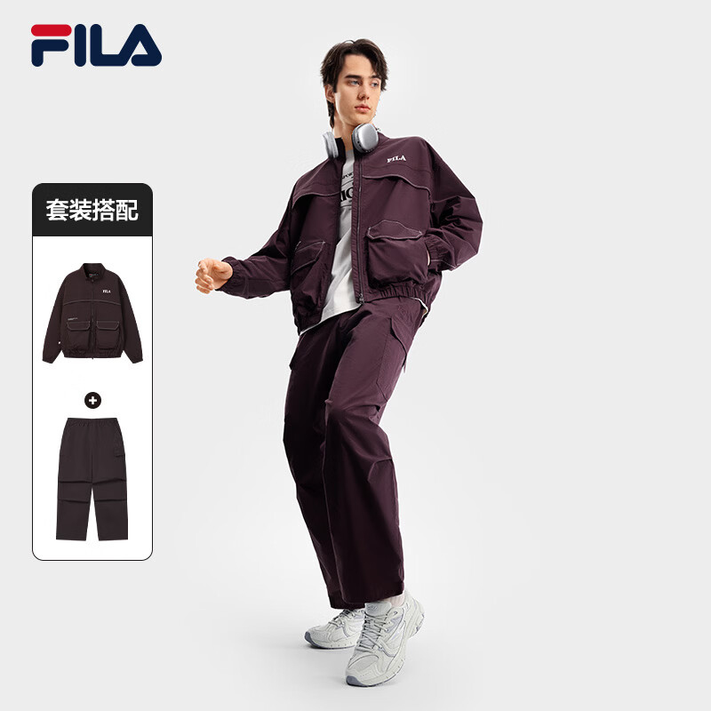 FILA斐乐官方长袖运动套装男春季新款休闲户外保暖跑步健身训练服 朽木褐 L