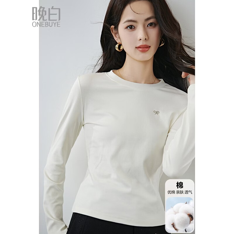 晚白【新品】2026年春款高级感圆领极简白棉T弹力修身基础百搭T恤衫女 白色 M
