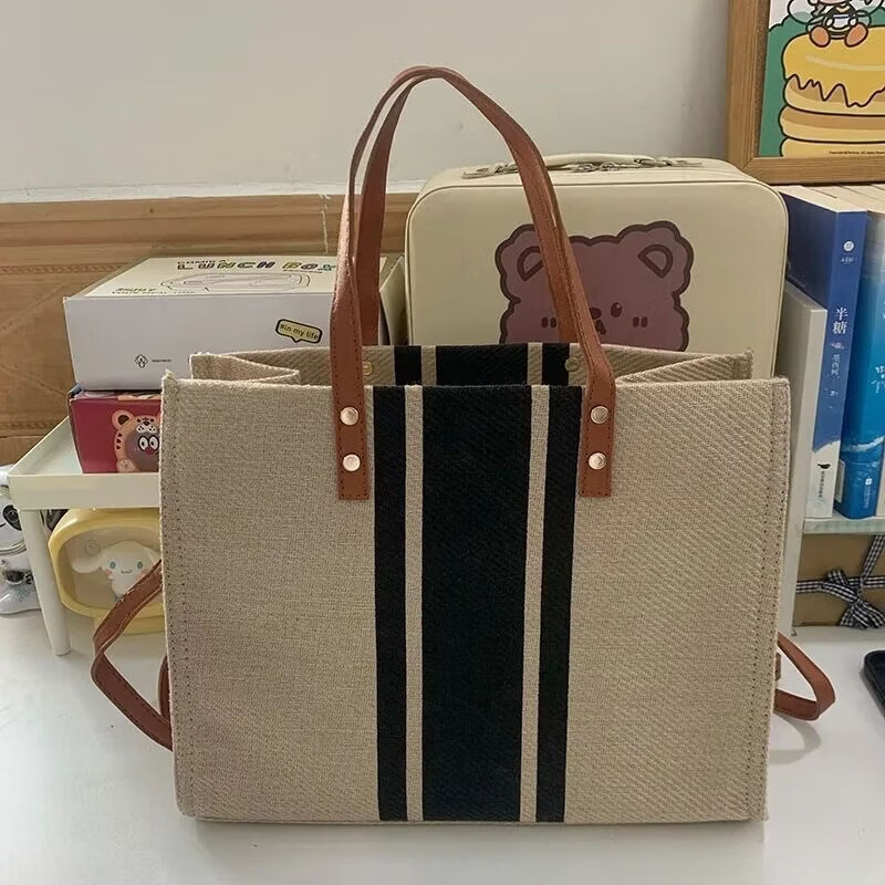 【直发】韩版女士手提公文包职业通勤条纹简约单肩大包包ins大容 9930黑色-+长肩带