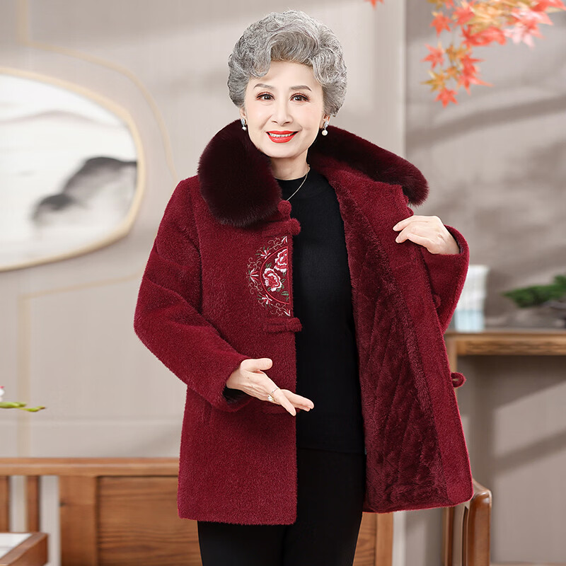 孜颜中老年女装70岁老太太高端大衣老人过年衣服冬季妈妈外套奶奶冬装 酒红色 XL 【80-100斤】