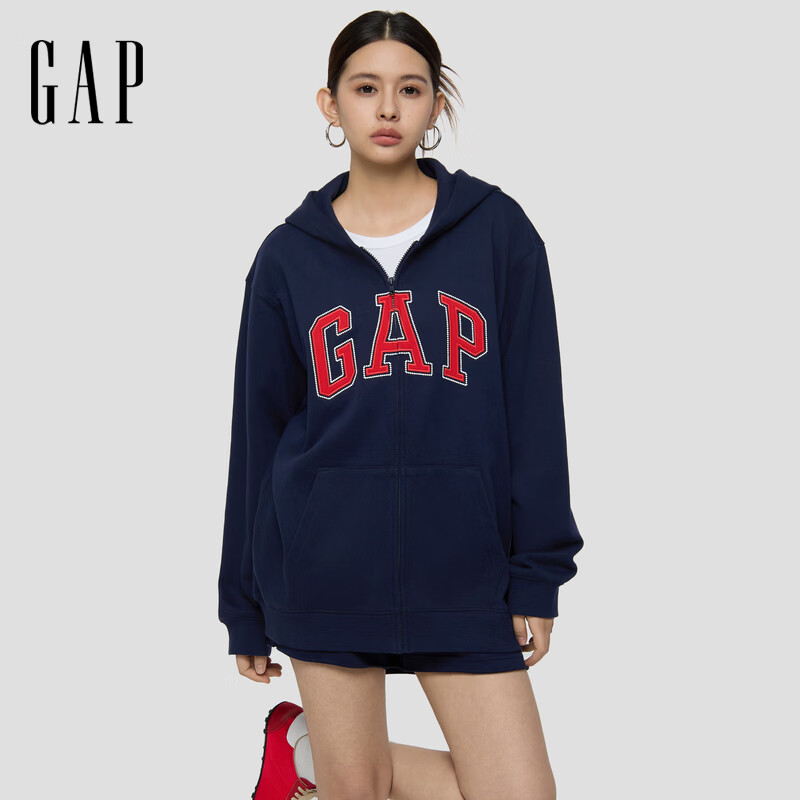盖璞Gap男女装2026春季新款logo刺绣宽松拉链开襟连帽卫衣上衣854670 海军蓝 S (165/88A)亚洲尺码