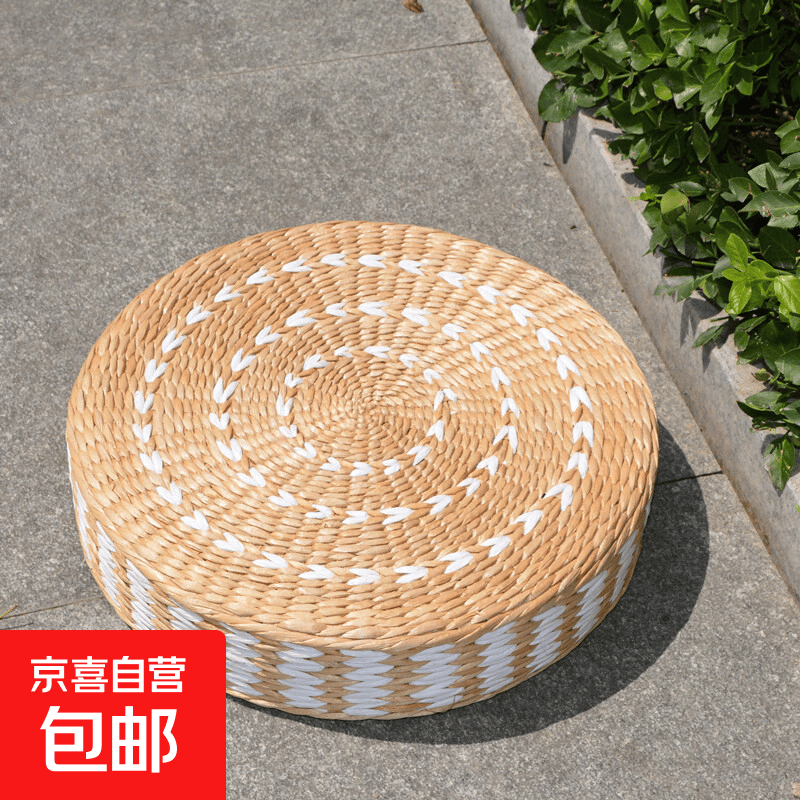 田园风蒲草手工编织蒲团坐垫圆形加厚家用飘窗榻榻米垫子榻榻米 白色覆盖面 直径50*20厚度