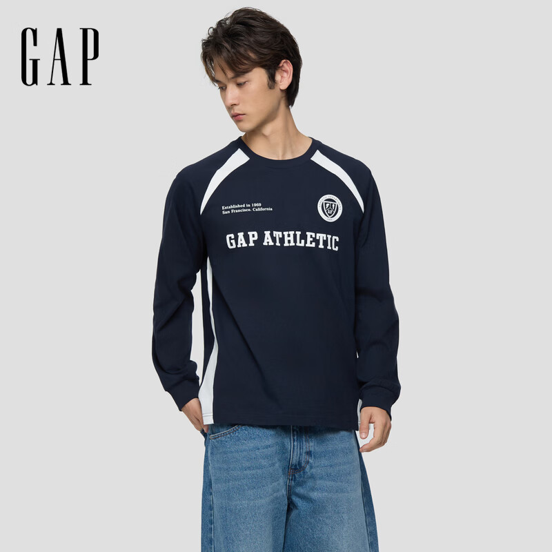 盖璞Gap男女装2026春季新款logo纯棉圆领长袖T恤时尚休闲上衣854726 海军蓝 XL (180/100A)亚洲尺码