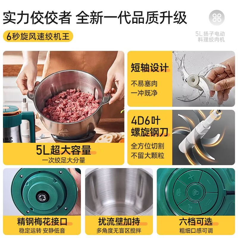 新飞【德国品质】绞肉机家用电动绞馅机商用大容量碎肉打肉机婴儿辅食机多功能料理机搅馅搅菜搅肉机 旗舰不锈钢款 5L 【一把6叶精钢刀】