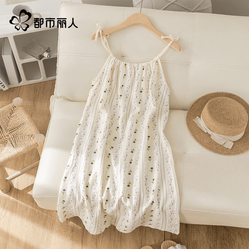 都市丽人吊带睡裙女夏季纯棉纱布薄款日系田园碎花小个子睡衣连衣裙可外穿