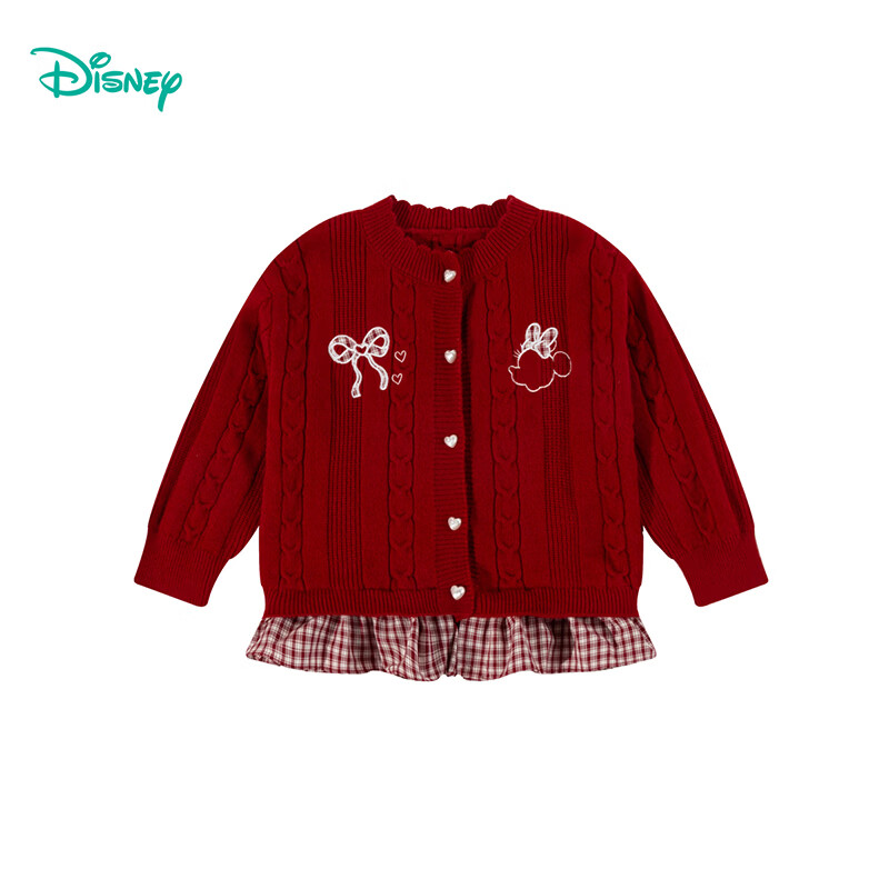 迪士尼（Disney）女童甜美红色新年拜年服喜庆毛衣拼接裙边针织衫外套春秋季26新款 枣红色 120
