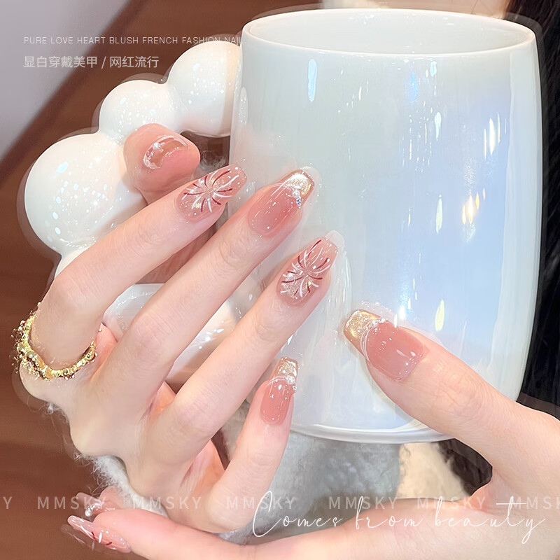 Albeville新年超火醒獅貓眼手工穿戴甲2026新款高質(zhì)感紅色絲絨指甲貼片美甲 珍珠法式貓眼煙花腮紅 1件 長(zhǎng)芭蕾 M碼 (手偏大/扁平甲)