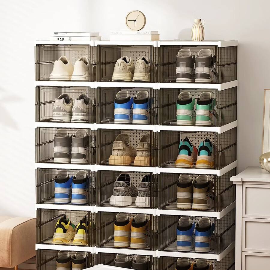 山头林村鞋柜家用门口折叠鞋架塑料鞋盒收纳盒透明鞋子收纳神器防尘家用 单排折叠鞋盒一层【透明灰】