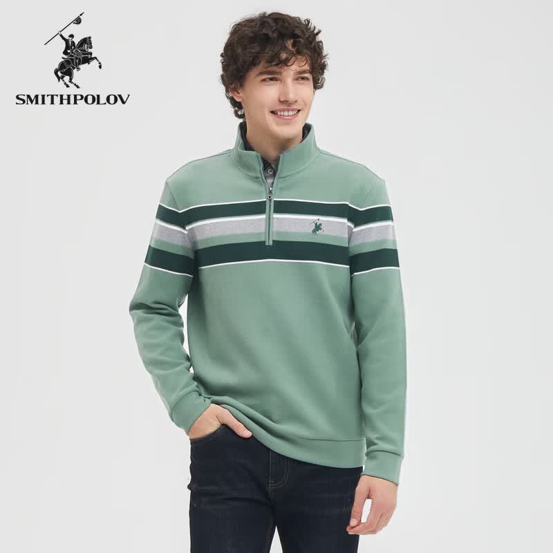 斯密特保罗（SMITHPOLOV）秋季新款长袖条纹针织衫男休闲半拉链卫衣 绿色 S