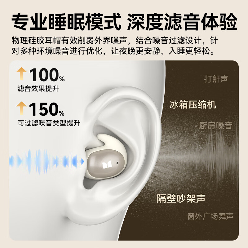 魔声（Monster）Sleep Ear100 睡眠耳机蓝牙降噪隔音耳塞无痛侧睡零压感超薄舒适不压耳助眠入耳式隐形 锖黑色【深度降噪助眠+80h续航】