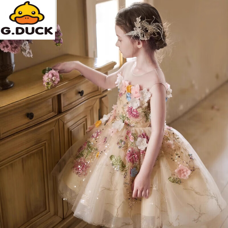 G.duck女童主持人礼服花仙子公主裙高端生日宴小女孩钢琴演奏儿童演出服 香槟色 150 cm