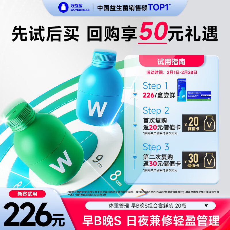万益蓝WonderLab 早B晚S组合10瓶+10瓶 B420益生菌S100益生元益生菌粉