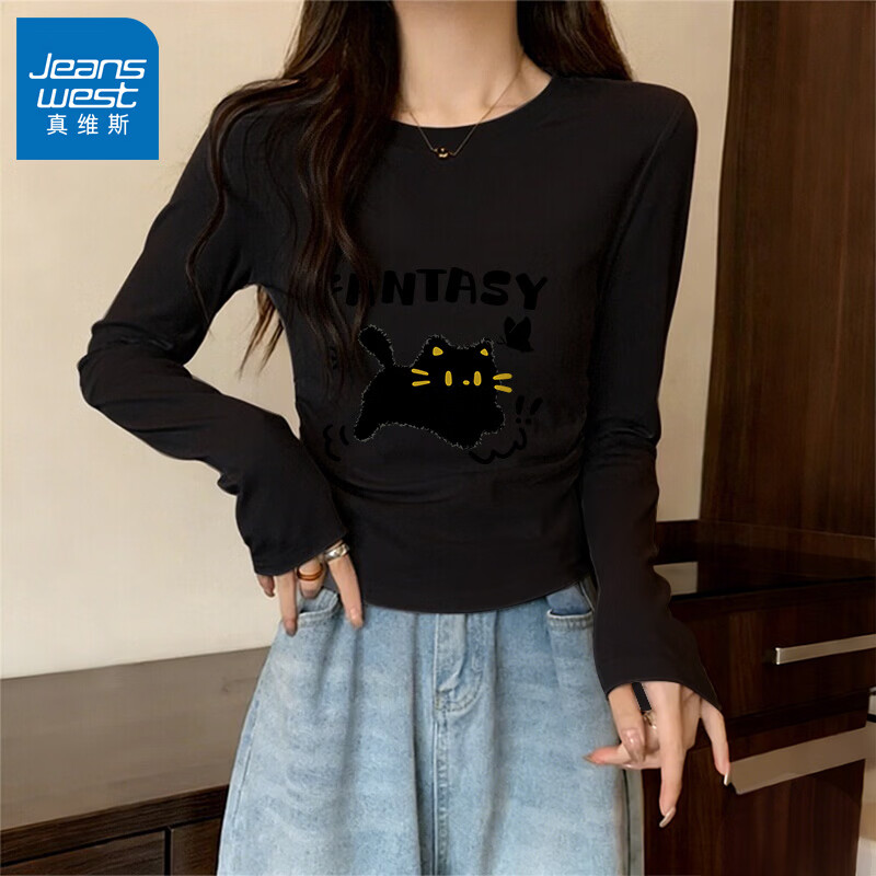 真维斯（Jeanswest）米色褶皱长袖t恤女士春秋新款收腰打底衣女内搭高级感可外穿上衣 黑色 蝴蝶跳跳猫黑 L