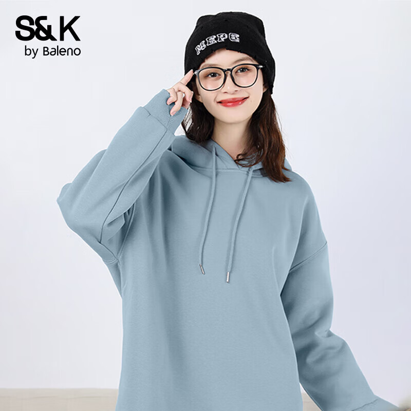 班尼路（Baleno）S&K系列加绒卫衣女秋冬加厚羊羔绒连帽保暖重磅摇粒绒上衣 雾霾蓝#纯色 【重磅摇粒绒】 M