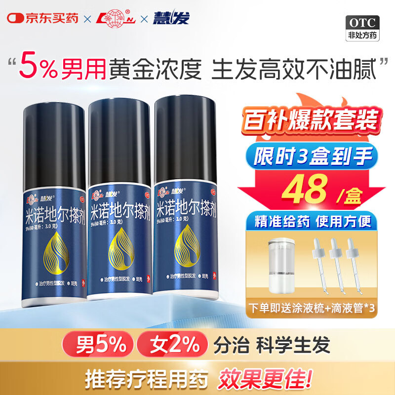鲁南 慧发 米诺地尔搽剂 5％浓度60ml*3瓶男专用防脱生发育发发际线增长液洗发水脱发斑秃泡沫凝胶京东自营