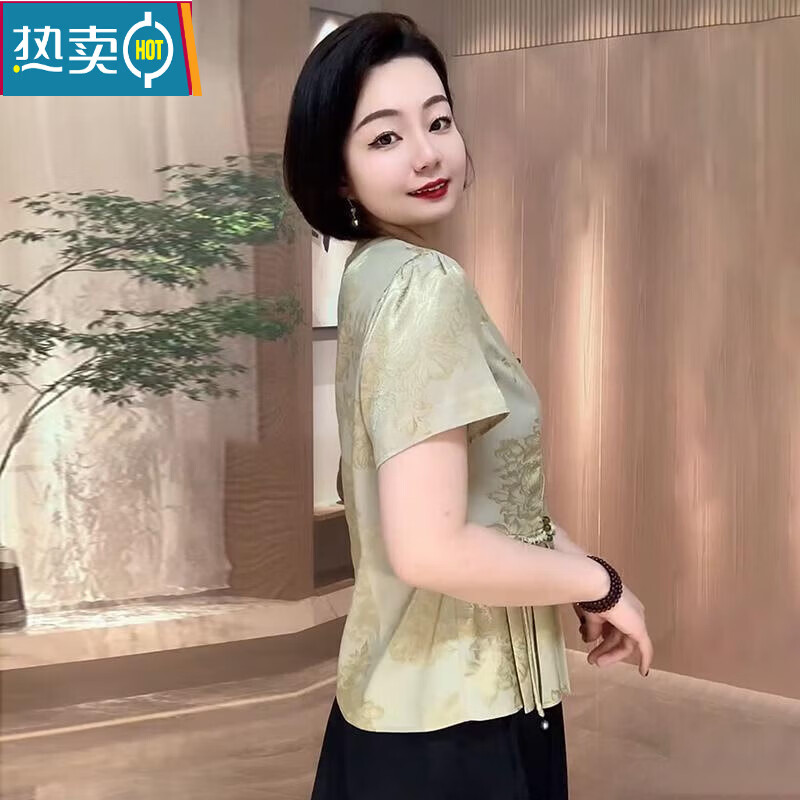 夏典素订女王(SE.PSTP)中式夏季上衣时尚国风中老年洋气衬衫妈妈旗袍新款短袖遮肉 绿色 2XL 建议115-130斤