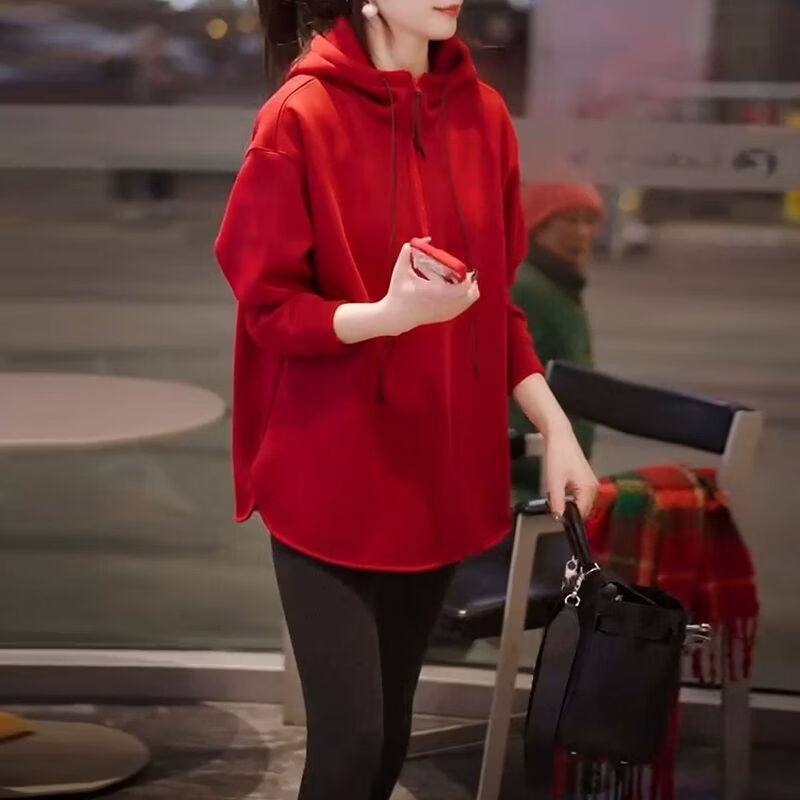 【过年战衣】秋冬新款加绒连帽红色卫衣女时尚新年宽松遮臀 红色【加绒加厚】 L （建议120-140斤）