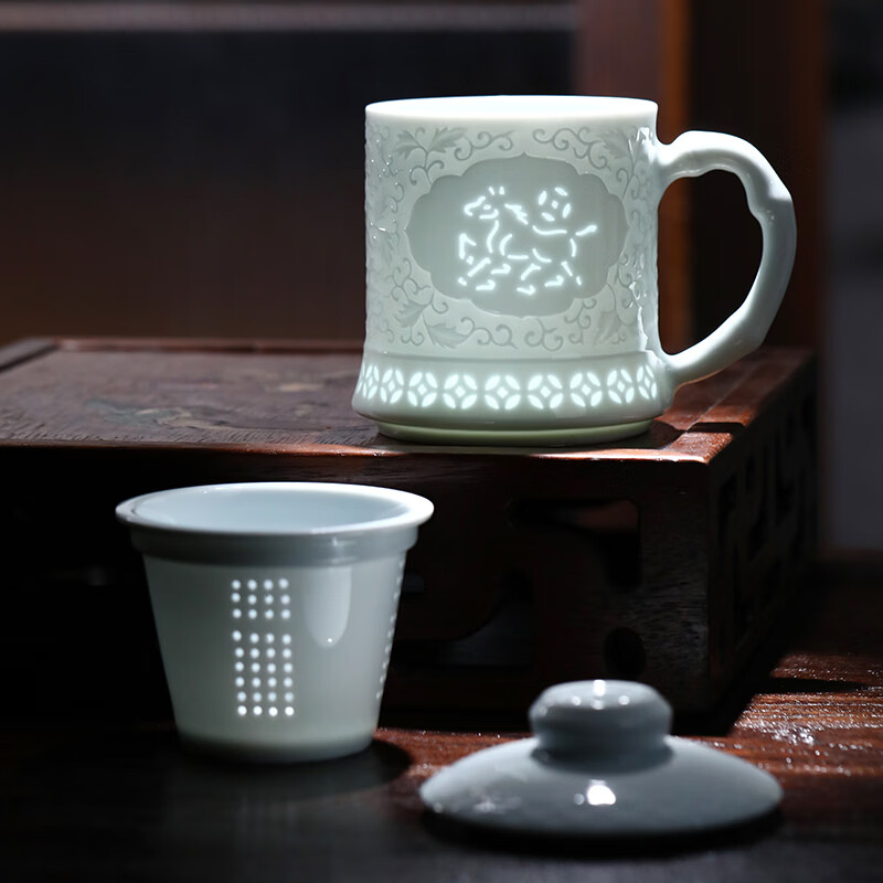 御嘉斋景德镇陶瓷茶杯高档大容量带盖杯马克杯子家用办公室礼物 影青玲珑办公杯-大好河山礼盒装