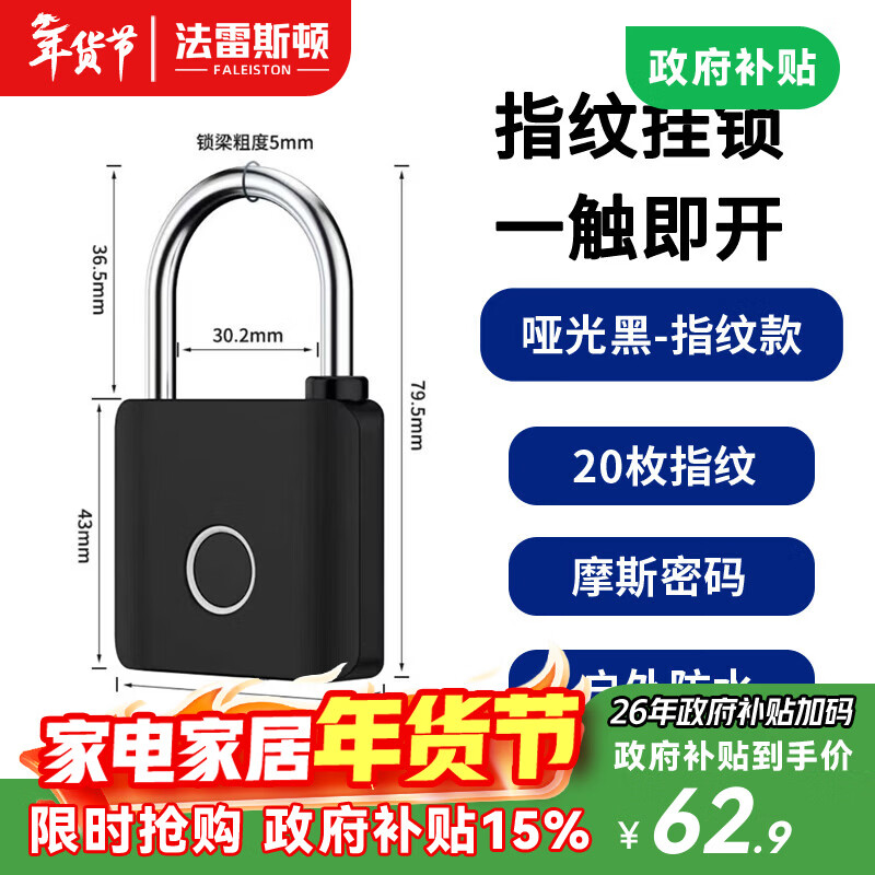 法雷斯顿 FALEISTON智能电子锁指纹挂锁家用小锁头抽屉锁学生寝室宿舍柜门储物防盗锁 哑光黑-指纹款