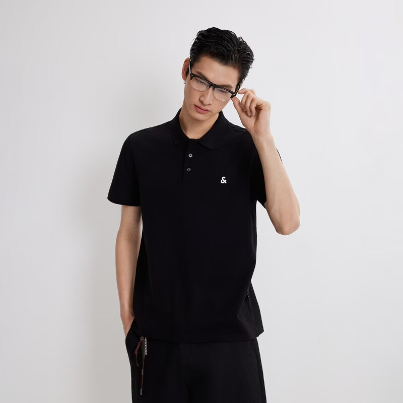 杰克·琼斯（JACK&JONES）26年男装春季新款polo衫男士商务休闲简约纯色刺绣翻领短袖t恤 E43纯黑色 常规 L （180）