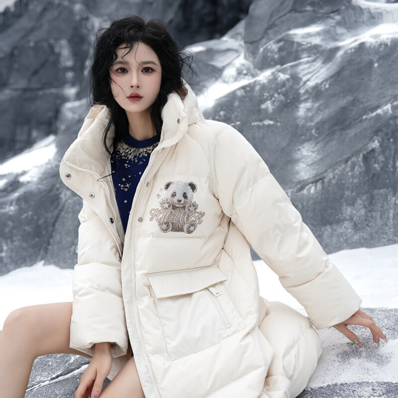 TCH中长款连帽羽绒服女秋冬款时尚烫钻简约百搭气质保暖静奢风拉链衫 米色 L