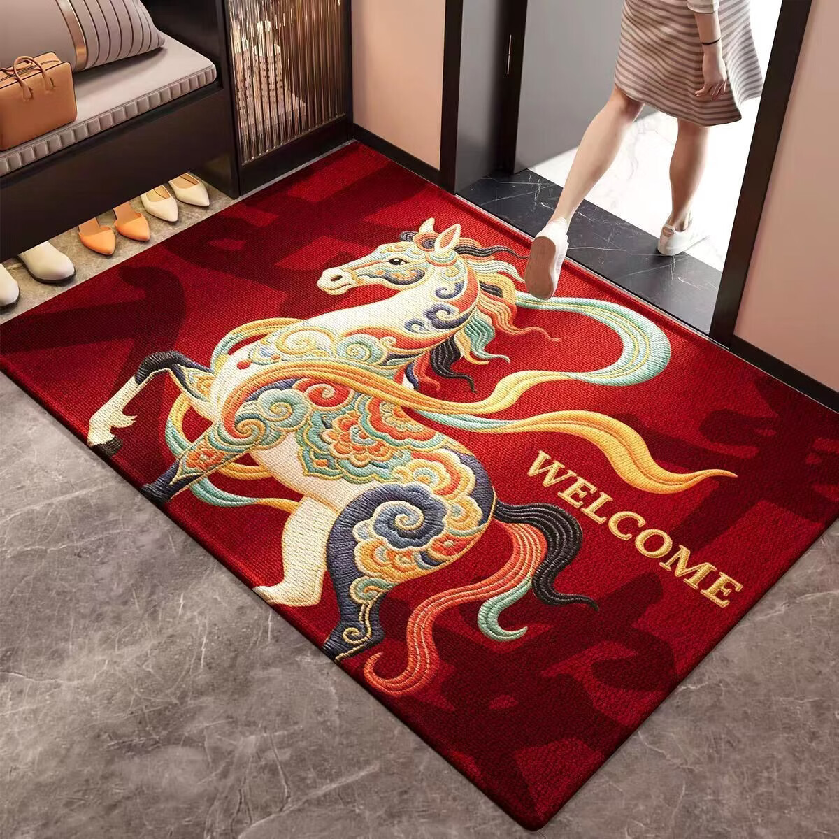高品质红色2026新款入户门地垫进门玄关脚垫马年喜庆防滑地垫客厅 红锦跃马-欢迎 50*80cm