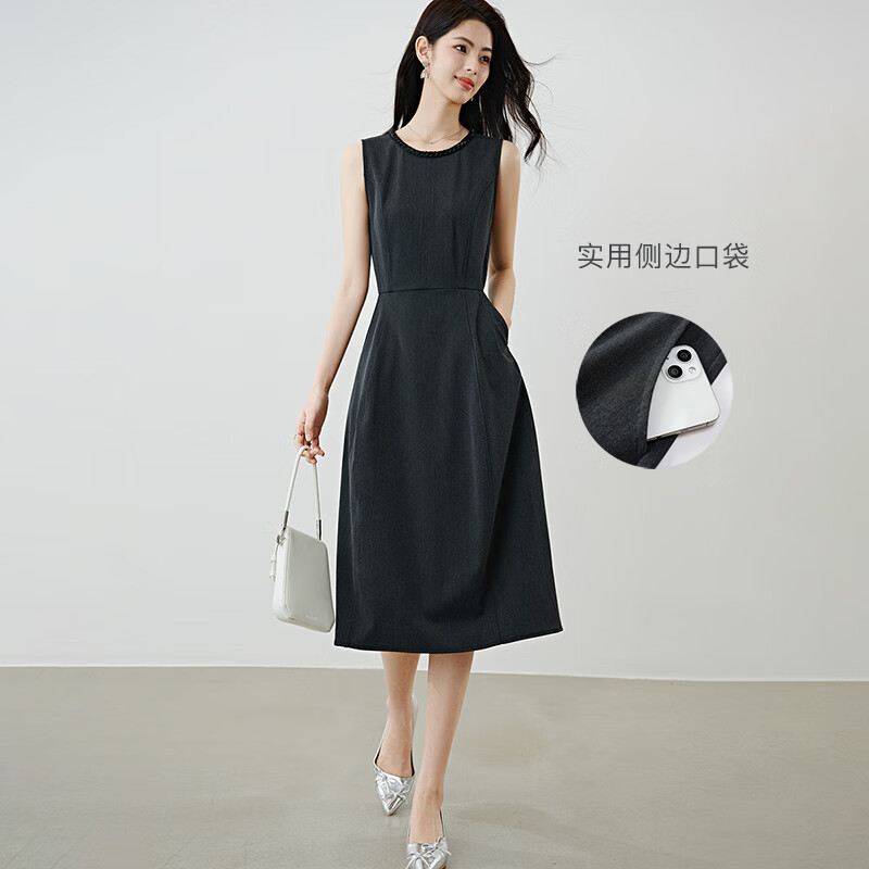 晚白【新品】2026春款正式场合钉珠圆领裙子显瘦垂感通勤无袖连衣裙 深灰色 M