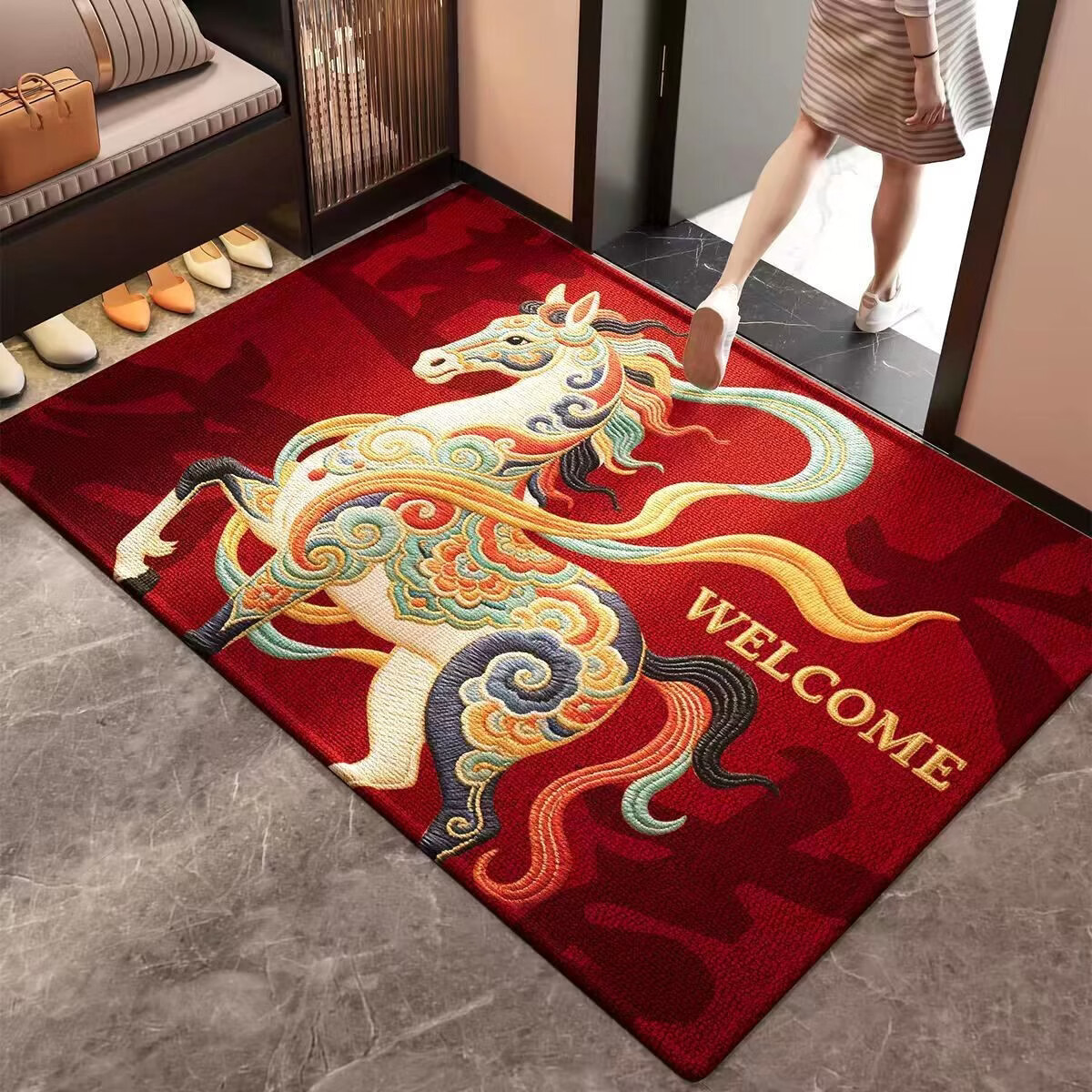 高品质红色2026新款入户门地垫进门玄关脚垫马年喜庆防滑地垫客厅 红锦跃马-欢迎 50*80cm