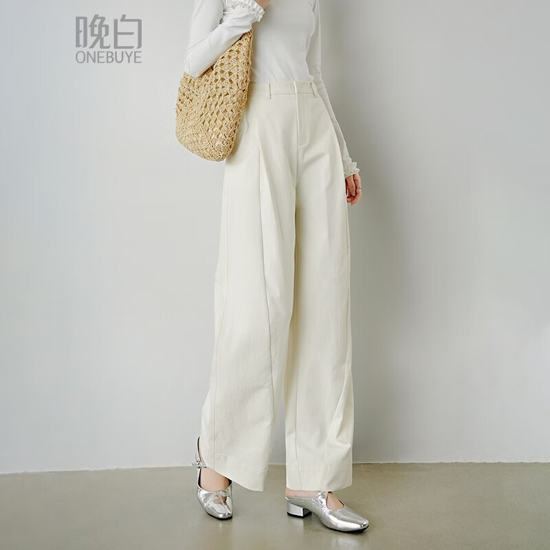 晚白【新品】2026年春款休闲后松紧腰裤子高腰遮胯显瘦阔腿裤女 米白色 27