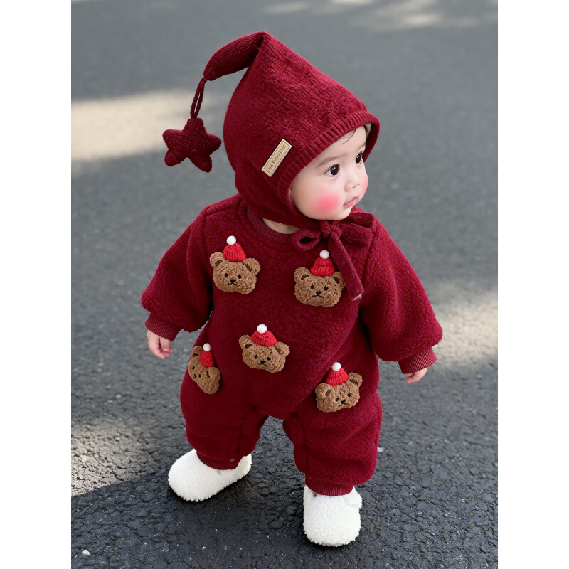 甜贝星冬装超萌幼儿连体衣婴儿圣诞衣服冬季宝宝拜年服过年喜庆外出爬服 红色星星帽(均码) #建议头围50-54cm# 90 cm #建议22-28斤#