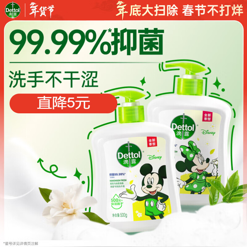 滴露（Dettol）洗手液抑菌杀菌消毒 茉莉绿茶清香500g*2 儿童洗手液家庭 迪士尼