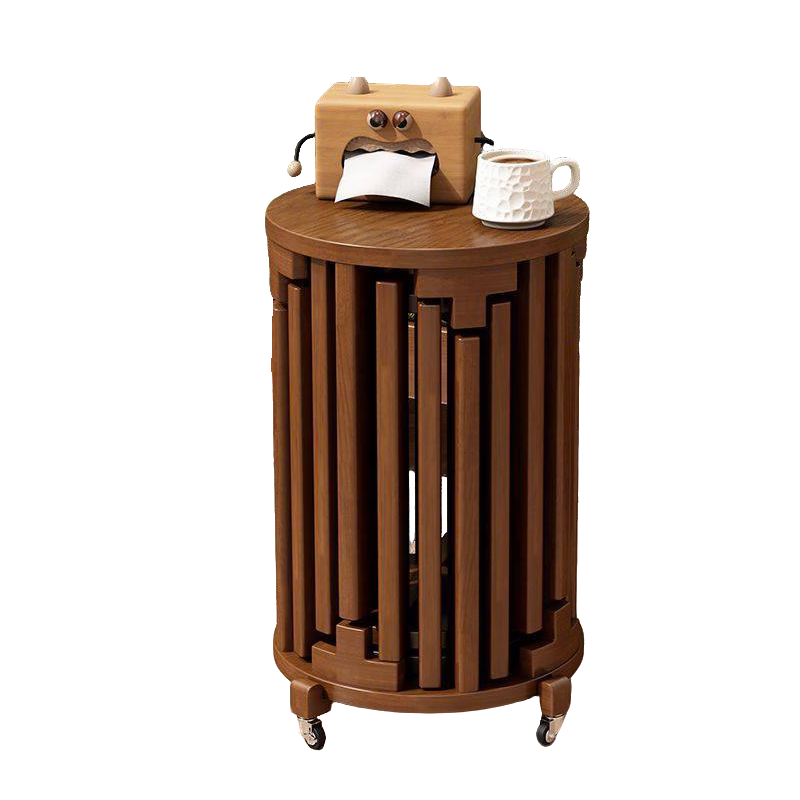 中偉實(shí)木凳子邊幾家用可疊放餐桌凳子滑輪圓凳客廳小板凳換鞋凳胡桃色