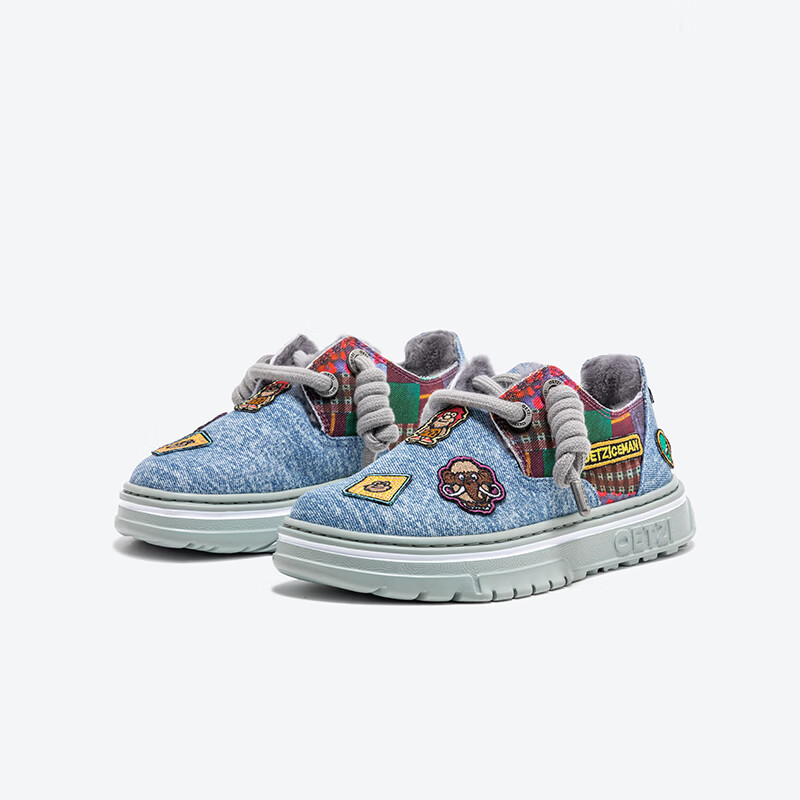 OETZI冰人奥兹 雪地靴冬季加绒保暖休闲鞋低帮刺绣帆布大头丑鞋 棉鞋 蓝色/酒红色T23340222 44