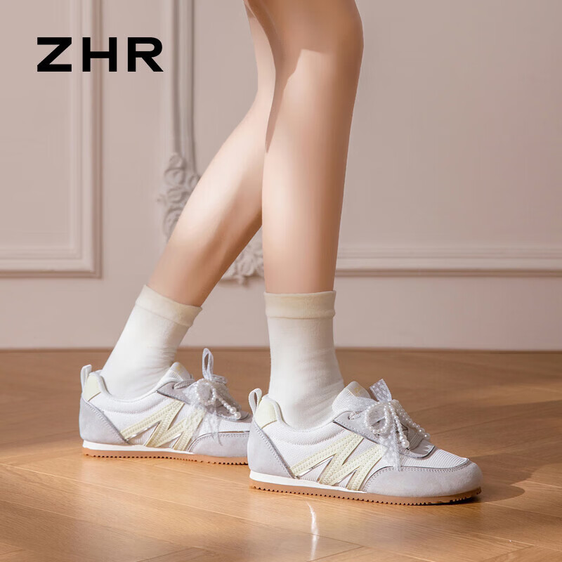 ZHR则则德训鞋女鞋轻软甜美运动鞋女珍珠蕾丝休闲鞋子女防滑百搭元气满满 米黄 35
