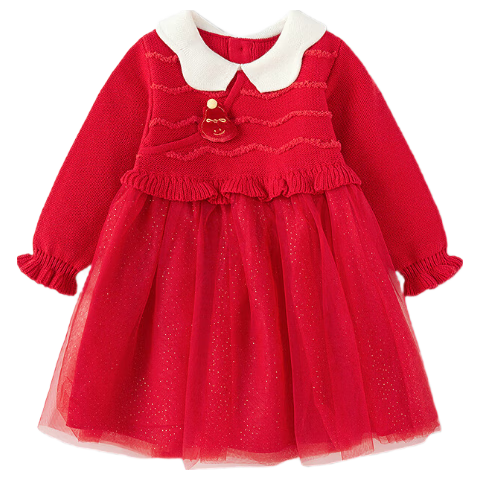 巴拉巴拉童裝兒童裙子女童連衣裙網(wǎng)紗針織2026春裝新款寶寶紅色公主裙甜美