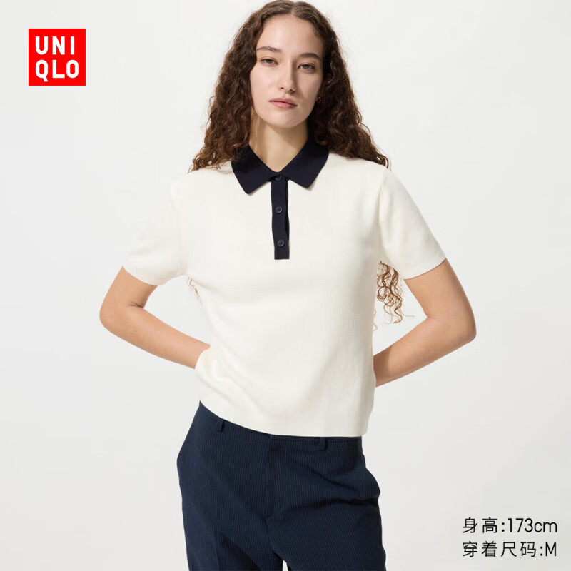 优衣库女装棉莫代尔混纺POLO领拼色针织衫/短袖毛衣26新款485224 01 乳白色 M
