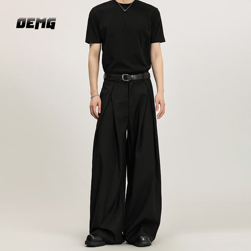 OEMG 立体褶皱小西休闲裤子男士春秋季直筒宽松cleanfit阔腿设计长裤 黑色 【高品质】 XL [建议110-130斤]